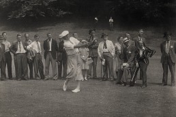 1950s: Four-time Open Champion Bobby Locke playing an exhibition round