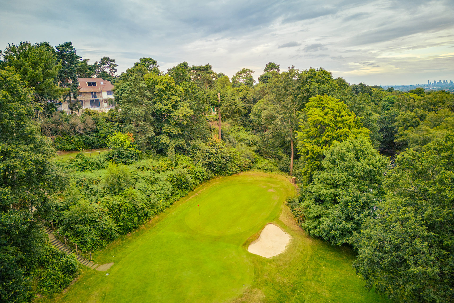 Aerial view of the 13th green at Addington Palace Golf Club